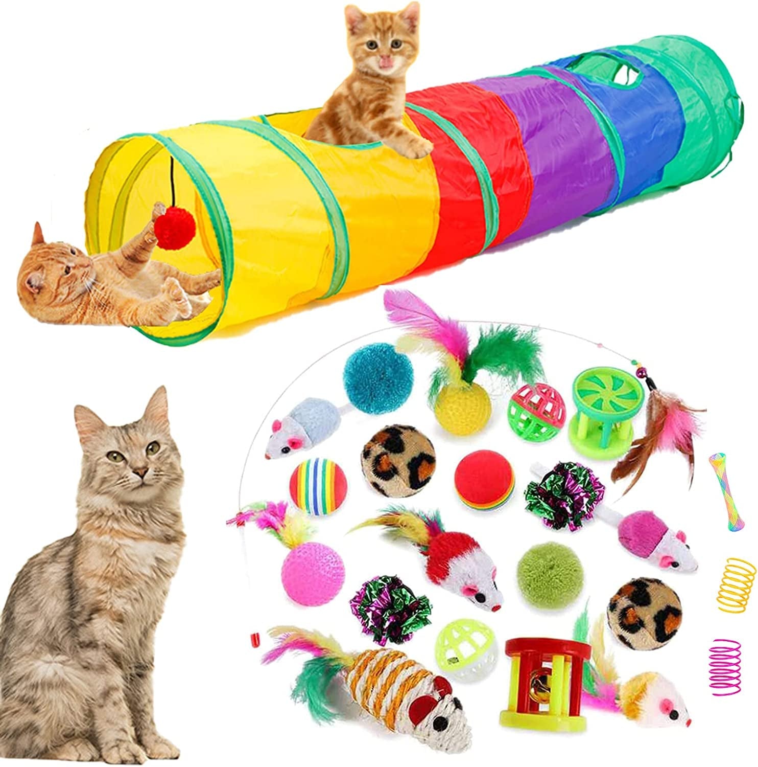 32Pcs Cat Toys Kitten Interactive Pet Toys Assortments, Foldable Rainbow Tunnel, Cat Feather Teaser Wand Interactive Feather Toy Fluffy Mouse Crinkle Balls Bell Play for Cat Puppy Kitty Kitten(2 Way) - MonortPaws Store