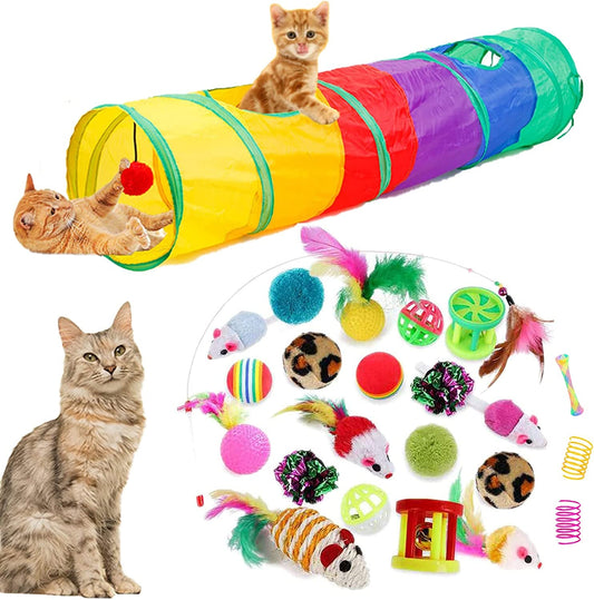 32Pcs Cat Toys Kitten Interactive Pet Toys Assortments, Foldable Rainbow Tunnel, Cat Feather Teaser Wand Interactive Feather Toy Fluffy Mouse Crinkle Balls Bell Play for Cat Puppy Kitty Kitten(2 Way) - MonortPaws Store
