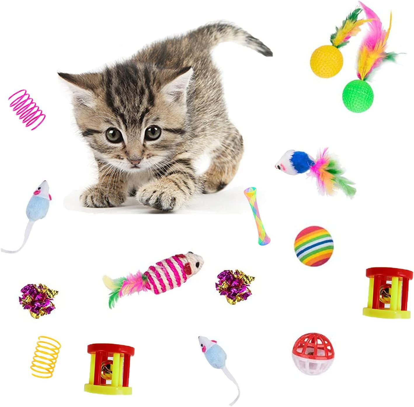 32Pcs Cat Toys Kitten Interactive Pet Toys Assortments, Foldable Rainbow Tunnel, Cat Feather Teaser Wand Interactive Feather Toy Fluffy Mouse Crinkle Balls Bell Play for Cat Puppy Kitty Kitten(2 Way) - MonortPaws Store