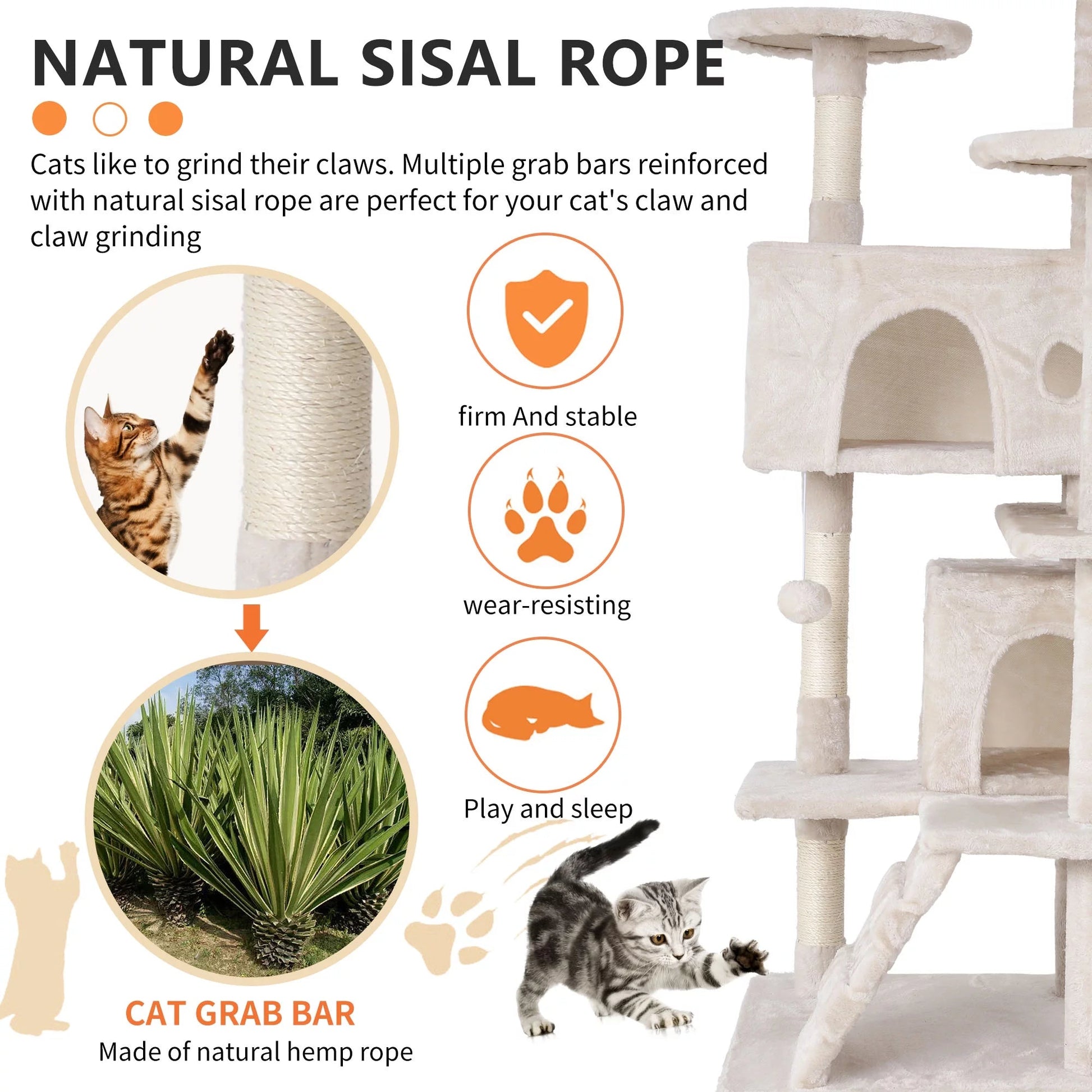 54 - In Double Condo Cat Tree Tower Playhouse with Scratching Post & Perch for Indoor, Beige - MonortPaws Store