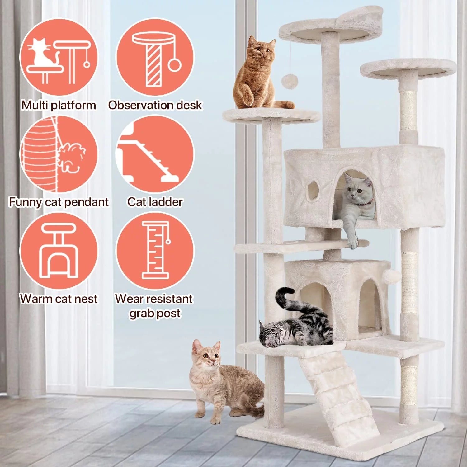 54 - In Double Condo Cat Tree Tower Playhouse with Scratching Post & Perch for Indoor, Beige - MonortPaws Store