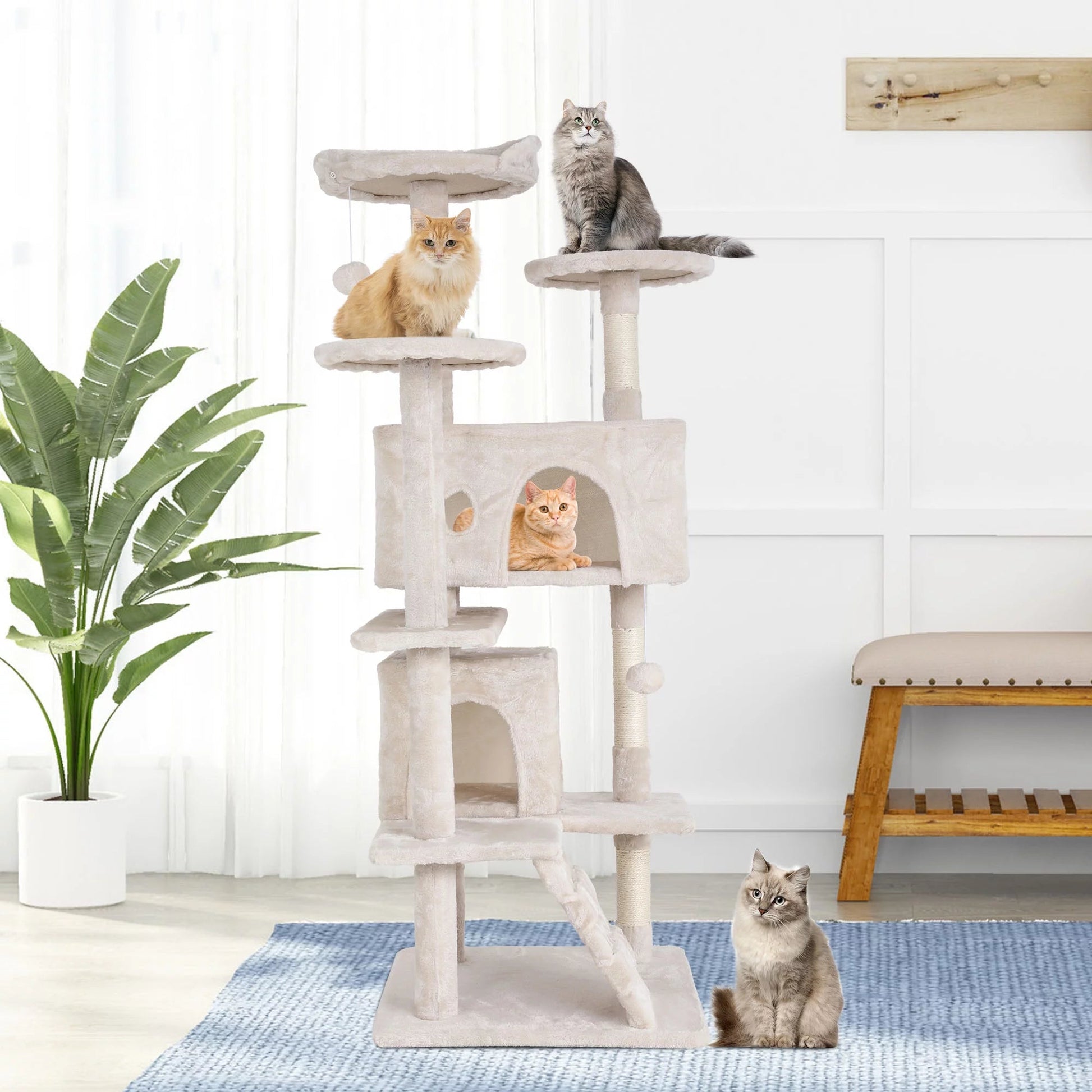 54 - In Double Condo Cat Tree Tower Playhouse with Scratching Post & Perch for Indoor, Beige - MonortPaws Store