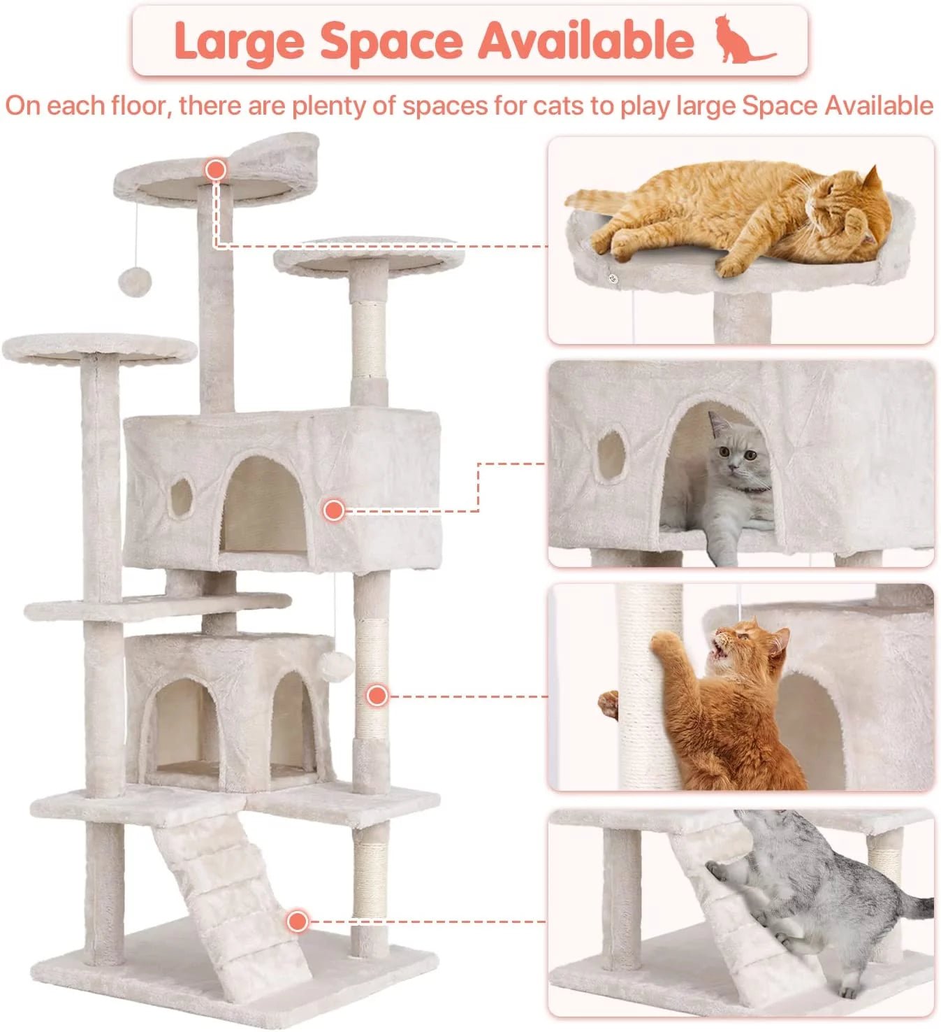 54 - In Double Condo Cat Tree Tower Playhouse with Scratching Post & Perch for Indoor, Beige - MonortPaws Store