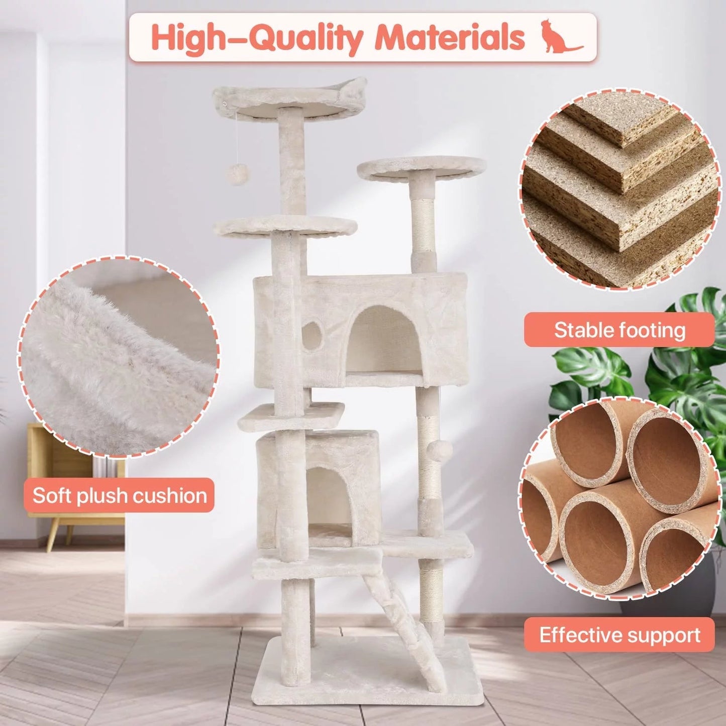 54 - In Double Condo Cat Tree Tower Playhouse with Scratching Post & Perch for Indoor, Beige - MonortPaws Store