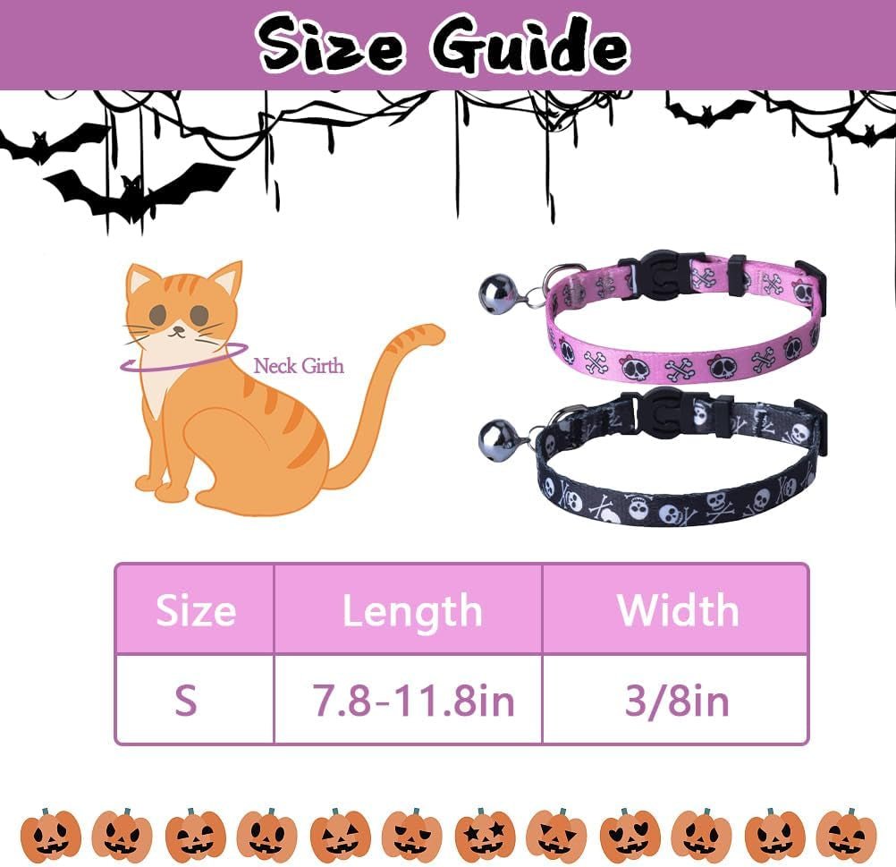 Breakaway Cat Collar with Bell Charm, 2 Packs Adjustable Kitty Collars Pink & Black Skull Pattern, 7.8 - 11.8 In - MonortPaws Store