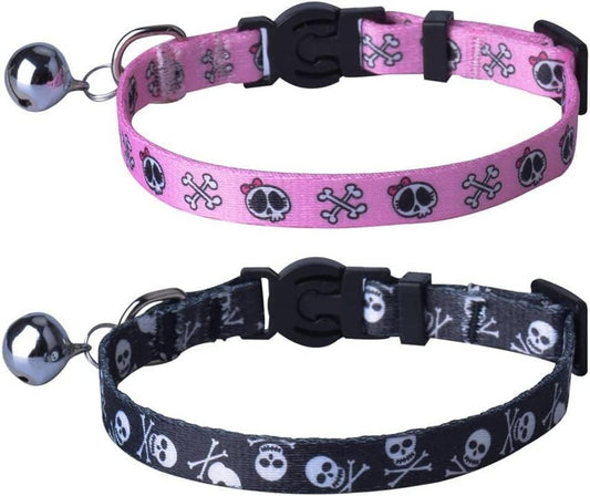 Breakaway Cat Collar with Bell Charm, 2 Packs Adjustable Kitty Collars Pink & Black Skull Pattern, 7.8 - 11.8 In - MonortPaws Store