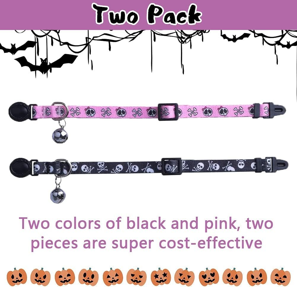 Breakaway Cat Collar with Bell Charm, 2 Packs Adjustable Kitty Collars Pink & Black Skull Pattern, 7.8 - 11.8 In - MonortPaws Store