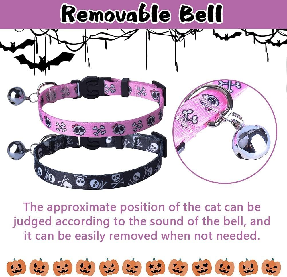 Breakaway Cat Collar with Bell Charm, 2 Packs Adjustable Kitty Collars Pink & Black Skull Pattern, 7.8 - 11.8 In - MonortPaws Store