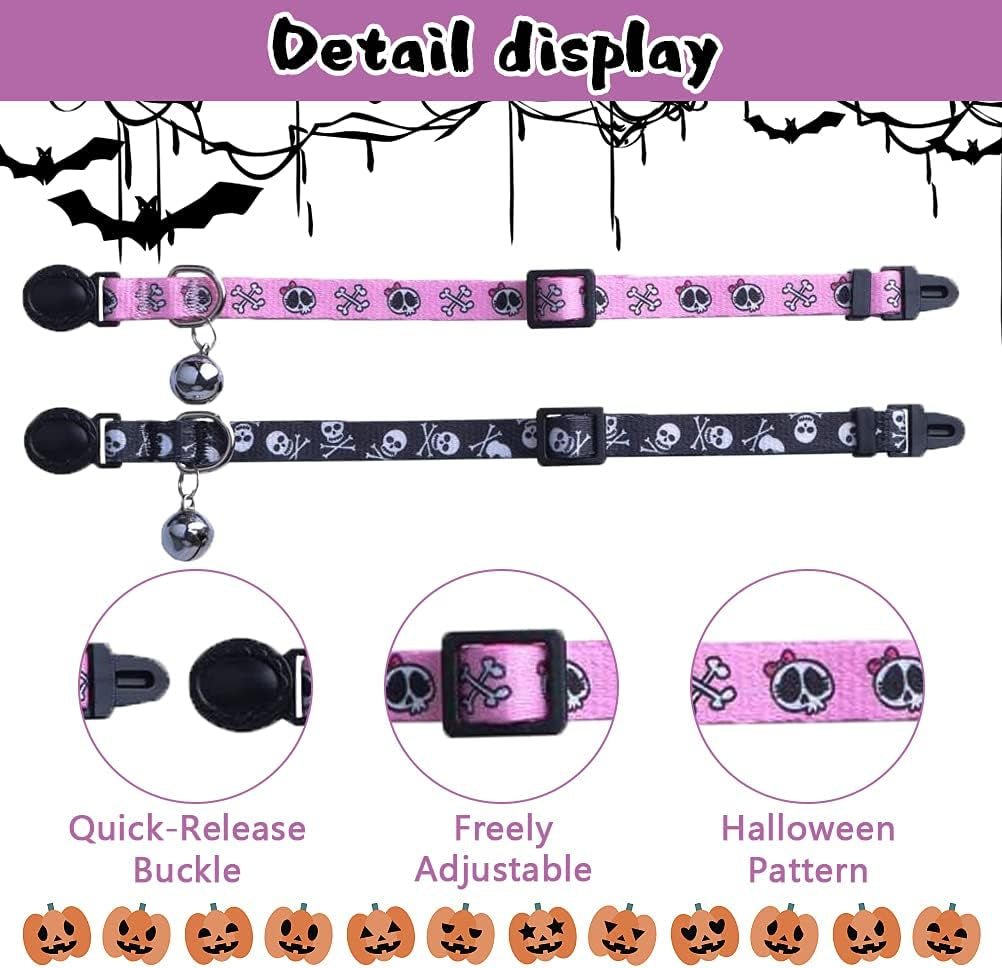 Breakaway Cat Collar with Bell Charm, 2 Packs Adjustable Kitty Collars Pink & Black Skull Pattern, 7.8 - 11.8 In - MonortPaws Store