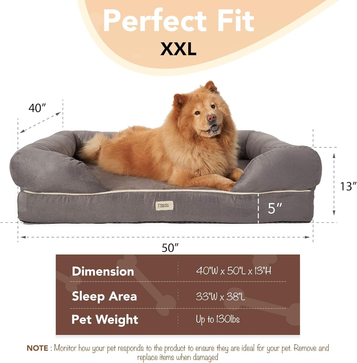 Chester Xx - Large Dog Bed - Orthopedic Memory Foam Mattress, Calming Couch Bed, Wall Rim Pillow, Water Resistant Liner, Washable Cover, Non - Slip Bottom, Grey - MonortPaws Store