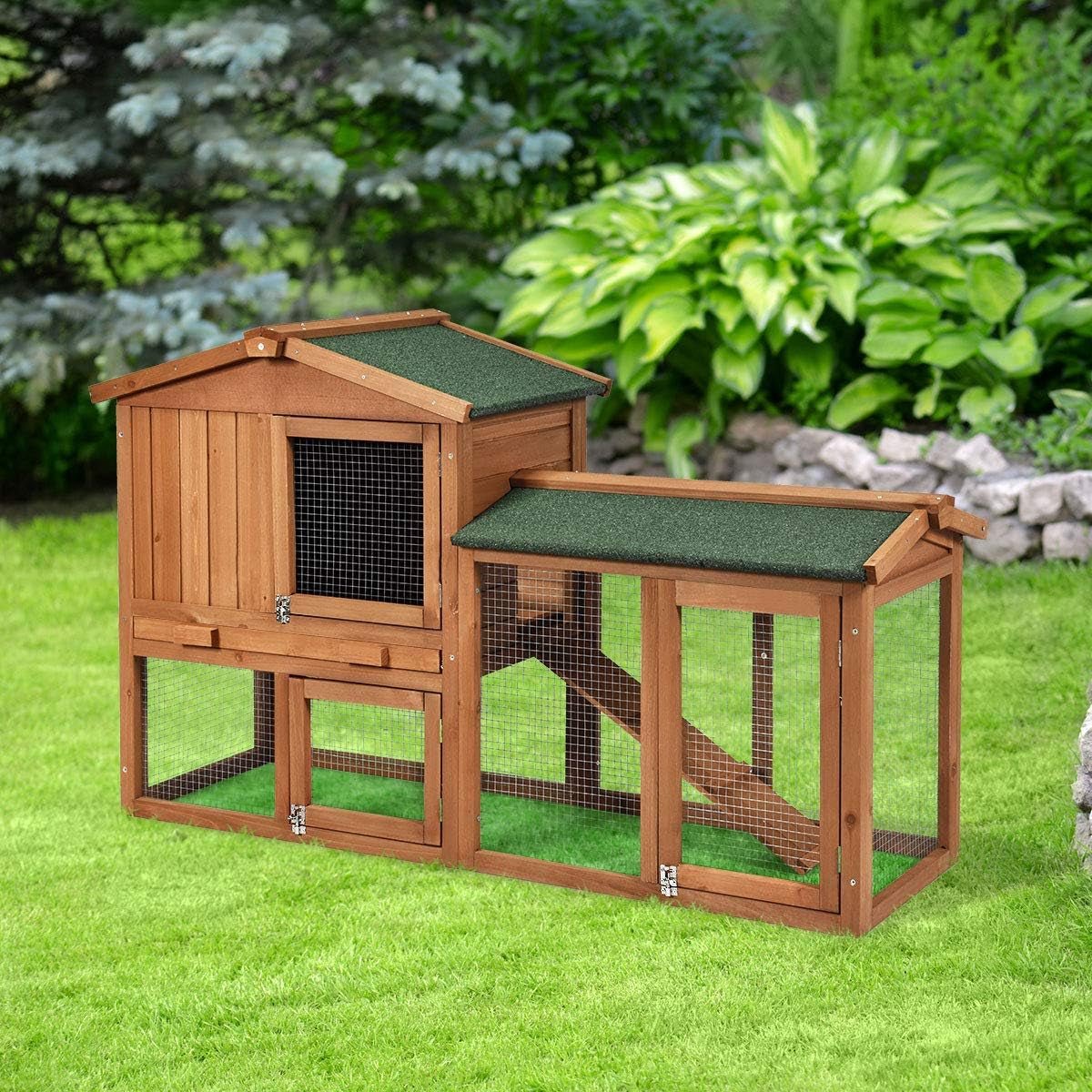 Rabbit Hutch Indoor and Outdoor, 58 - Inch Bunny Cage with Removable Tray & Ramp, Wood Chicken Coop with Waterproof Roof for Rabbits, Chicken and Guinea Pigs - MonortPaws Store