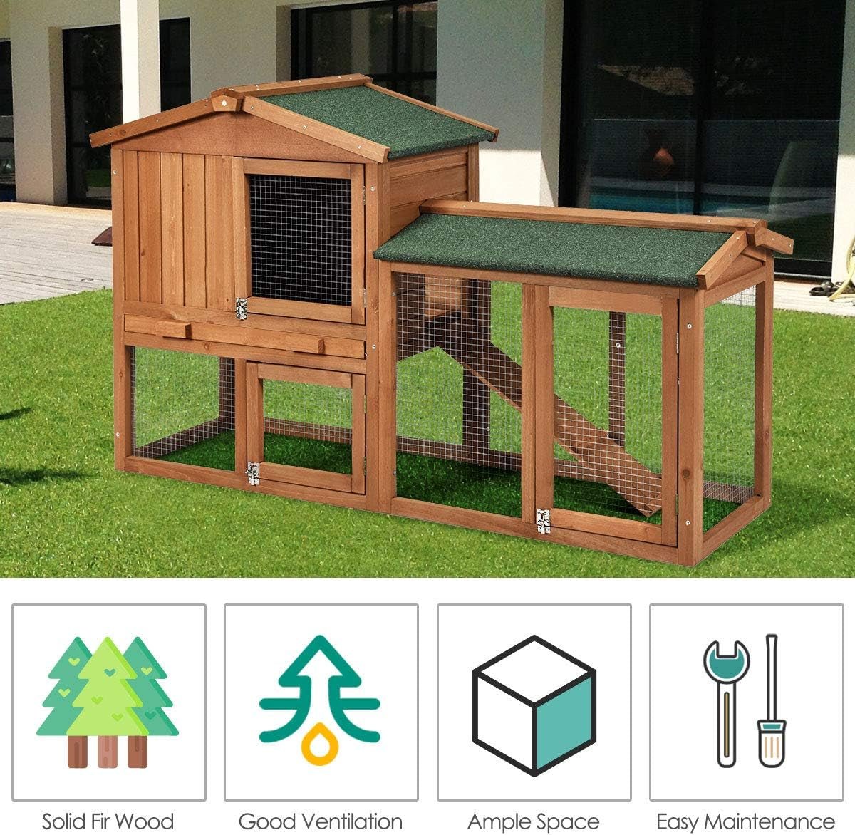 Rabbit Hutch Indoor and Outdoor, 58 - Inch Bunny Cage with Removable Tray & Ramp, Wood Chicken Coop with Waterproof Roof for Rabbits, Chicken and Guinea Pigs - MonortPaws Store