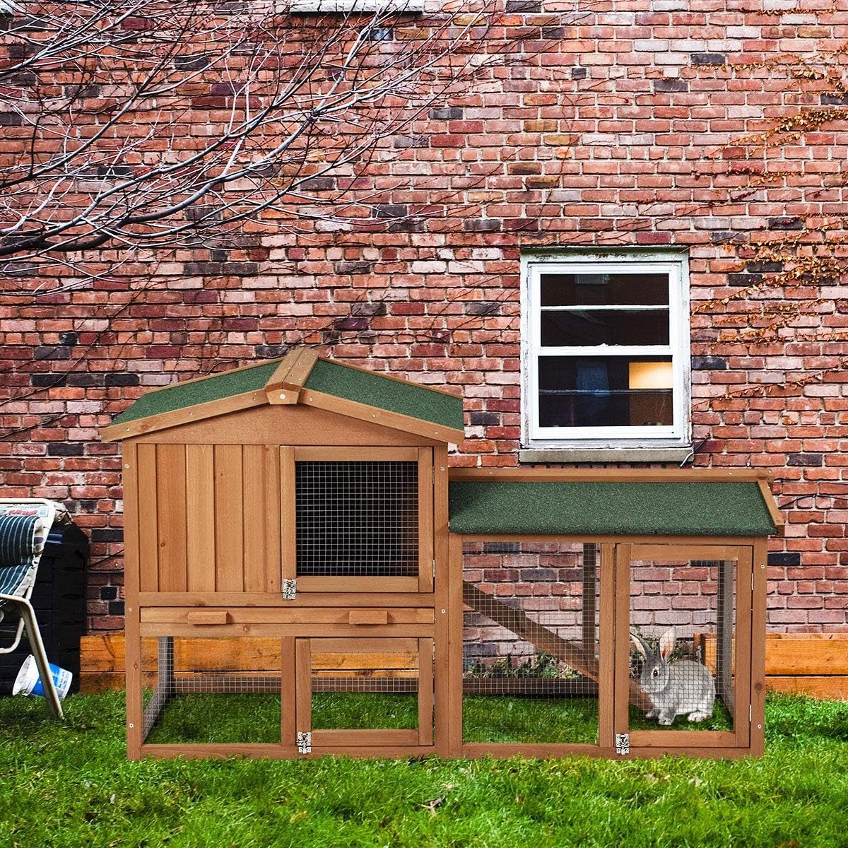 Rabbit Hutch Indoor and Outdoor, 58 - Inch Bunny Cage with Removable Tray & Ramp, Wood Chicken Coop with Waterproof Roof for Rabbits, Chicken and Guinea Pigs - MonortPaws Store