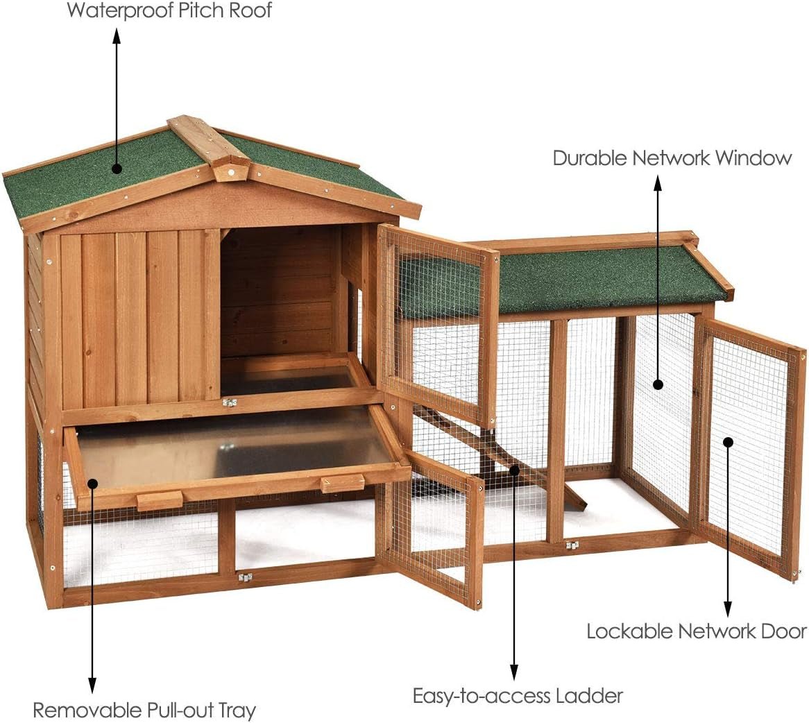 Rabbit Hutch Indoor and Outdoor, 58 - Inch Bunny Cage with Removable Tray & Ramp, Wood Chicken Coop with Waterproof Roof for Rabbits, Chicken and Guinea Pigs - MonortPaws Store