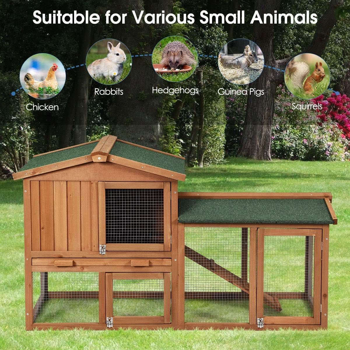Rabbit Hutch Indoor and Outdoor, 58 - Inch Bunny Cage with Removable Tray & Ramp, Wood Chicken Coop with Waterproof Roof for Rabbits, Chicken and Guinea Pigs - MonortPaws Store