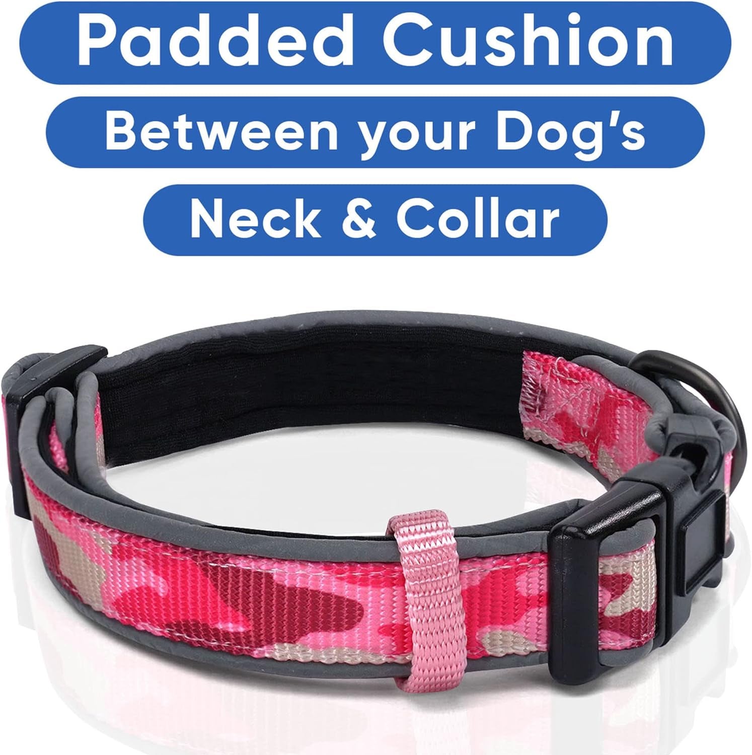 Soft Adjustable Reflective Padded Pet Dog Collar Camouflage Pink Camo Medium / Large 3/4 Inch - MonortPaws Store