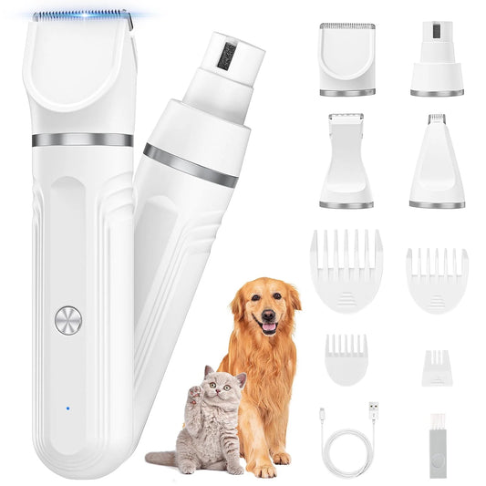 4 in 1 Dog Clippers, Low Noise Pets Hair Clipper Grooming Kit, Cordless Dog Paw Trimmers Rechargeable Quiet Nail Grinder Shaver for Dogs Cats Trimming Hair around Paws Eyes Ears Face Rump - MonortPaws Store