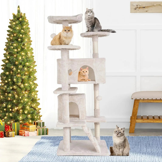 54 - In Double Condo Cat Tree Tower Playhouse with Scratching Post & Perch for Indoor, Beige - MonortPaws Store