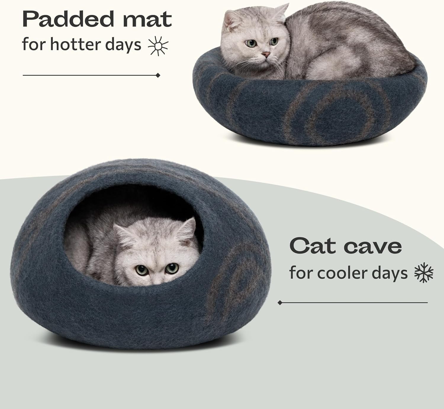 Premium Felt Cat Bed Cave - Handmade 100% Merino Wool Bed for Cats and Kittens (Large, Slate Grey) - MonortPaws Store